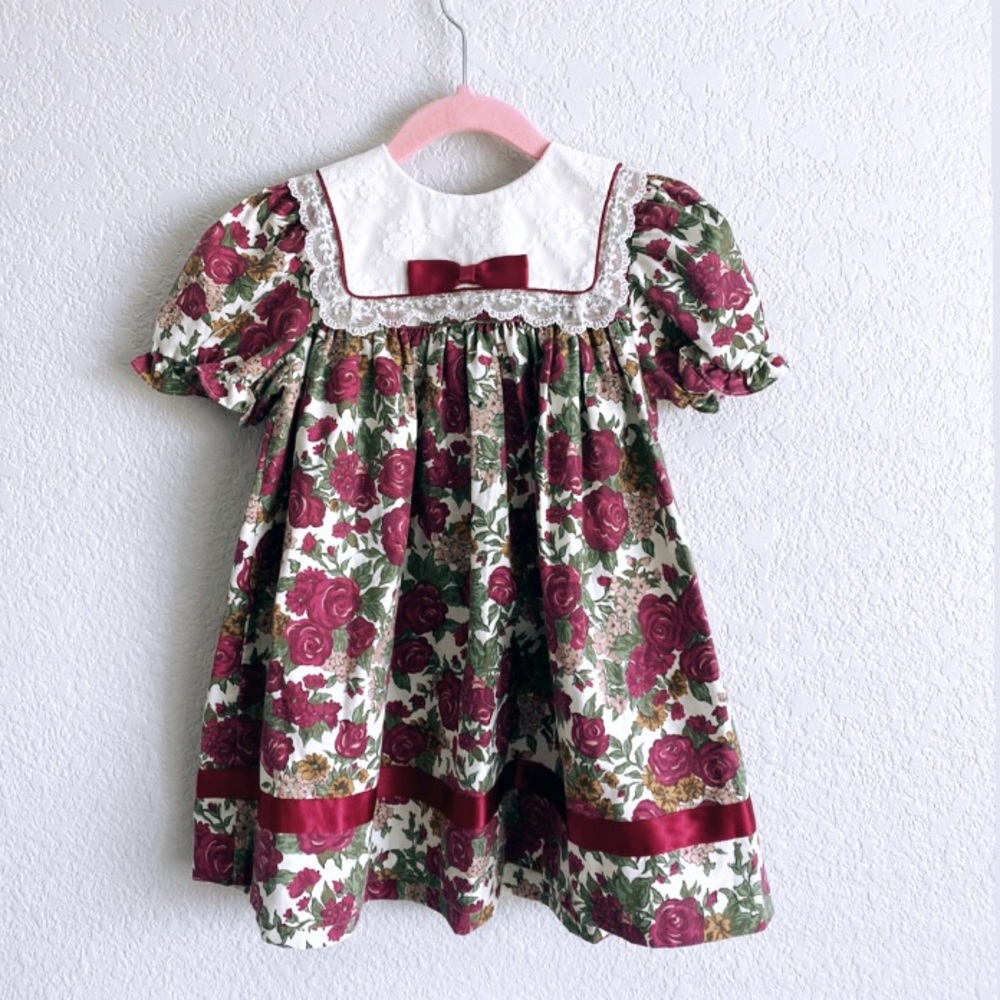 Vintage Girls Floral Formal Dress in Burgundy, Green & White